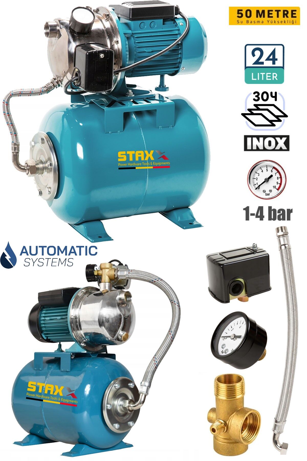 Yüksek Basınçlı Ev Tipi Paket Hidrofor Tank Seti 3-4 Bar Paslanmaz Gövdeli Jet 1.5 HP 24Lt Tank Küre