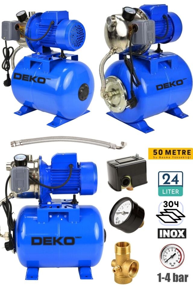 1.5 HP Paslanmaz Jet Pompalı Su Pompası + 24Lt Yatay Küre Tank Seti Otomatik Hidrofor Su Pompası