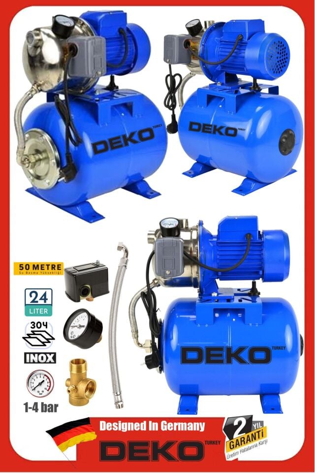 1.5HP Özel Paslanmaz Jet Motorlu Su Motoru + 24Lt Tanklı Hidrofor Seti 4Kat 4Daire Full Bakır Sargı