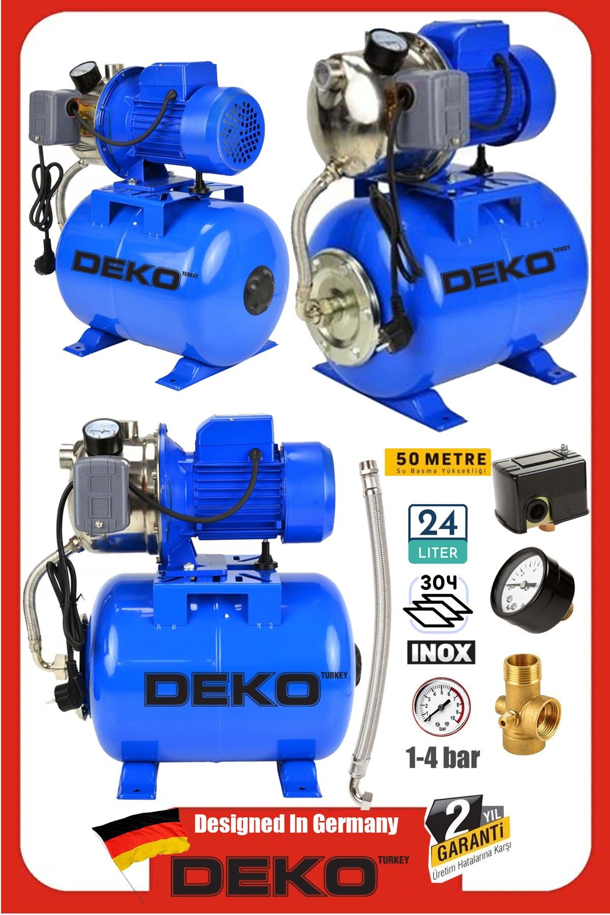 1.5HP Özel Paslanmaz Jet Motorlu Su Motoru + 24Lt Tanklı Hidrofor Seti 4Kat 4Daire Full Bakır Sargı