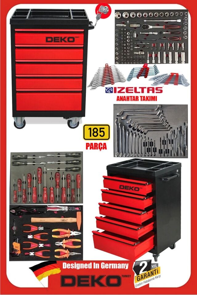 İzeltaş Anahtar Takımlı 185Parça İçi Dolu 5 Çekmece Alet Dolabı Takım Arabası Atölye Arabası Tezgah