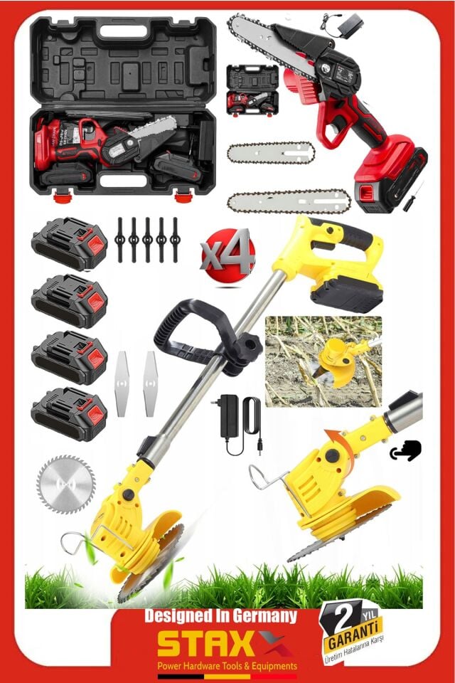 US2190 4x 40VF Akülü Dal Budama Kesme Testere + Akülü Teleskopik Ot Çayır Çim Biçme Budama Makinesi