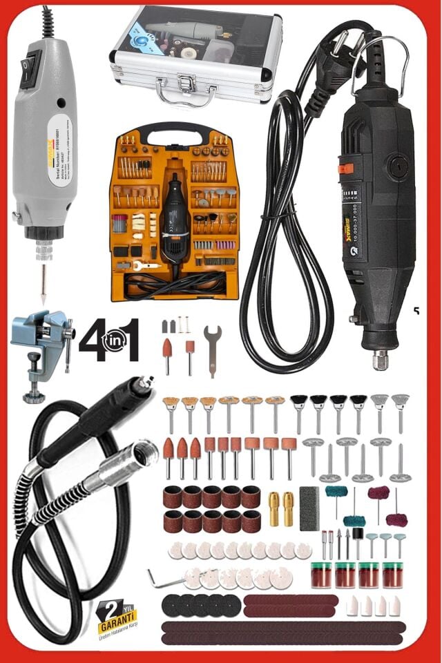 Italy Super362 362 Parça 500W Devir Ayarlı Çift Adet Gravür Oyma Makinesi Dremel Taşlama Zımpara Set