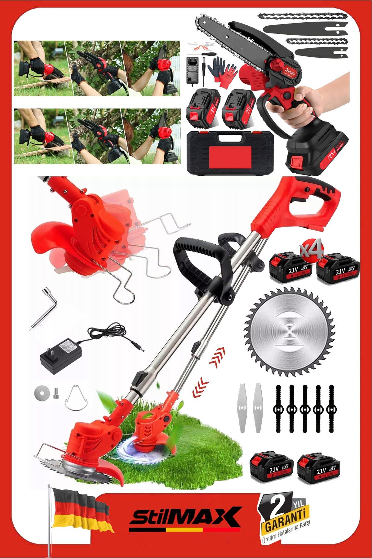 US2295 2-in-1 Bahçe Seti – 4x 40VF Lityum Akülü Dal Budama Testeresi ve Teleskopik Ot Çim Biçme
