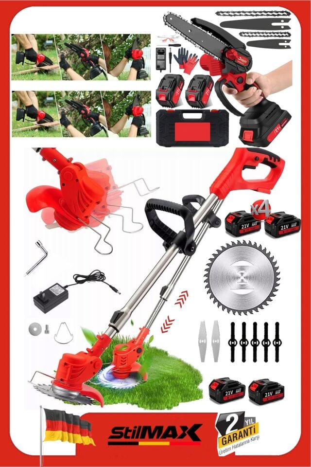 US2295 2-in-1 Bahçe Seti – 4x 40VF Lityum Akülü Dal Budama Testeresi ve Teleskopik Ot Çim Biçme