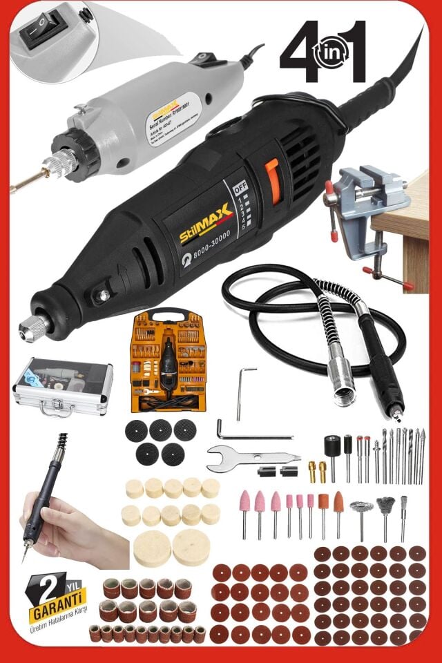 Çift Çok Amaçlı Gravür Profesyonel 4IN1 Set: 362 Parça Aksesuar 500W Gravür Hobi Taşlama Mengene Set
