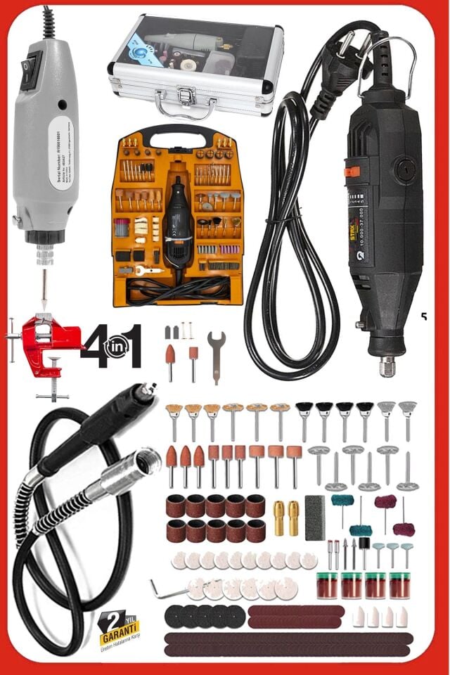 4IN1 Alüminyum Çantalı 62 Parça 12V Mini Gravür Hobi Taşlama Oyma Seti  + 300Parça 500W Dremel Seti