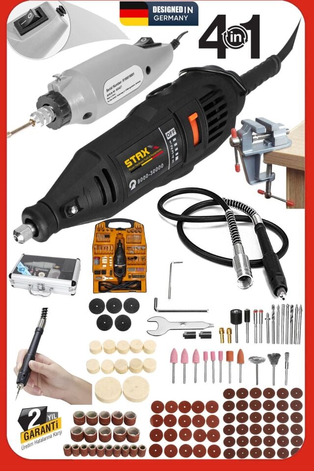4IN1 Alüminyum Çantalı 62 Parça 12V Mini Gravür Hobi Taşlama Oyma Seti  + 300Parça 500W Dremel Seti