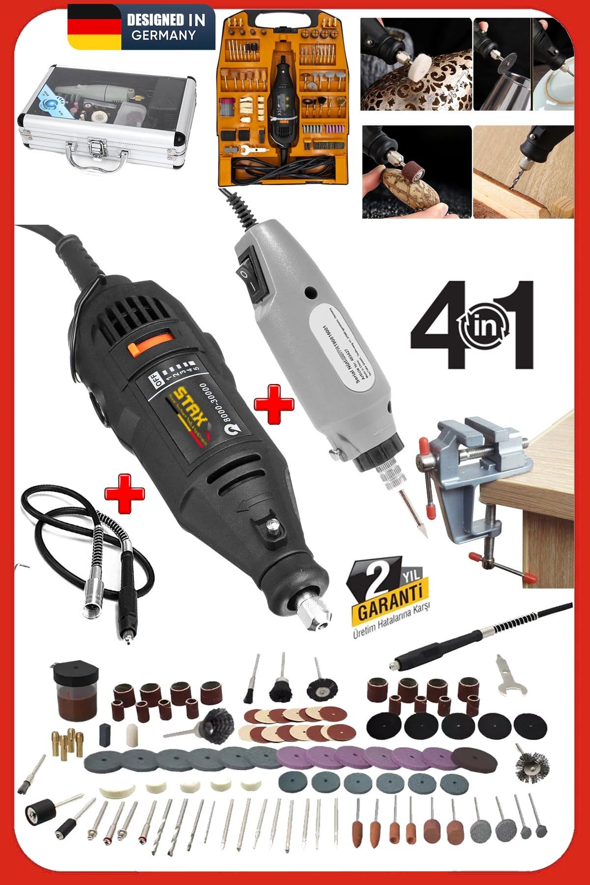 4IN1 Alüminyum Çantalı 62 Parça 12V Mini Gravür Hobi Taşlama Oyma Seti  + 300Parça 500W Dremel Seti