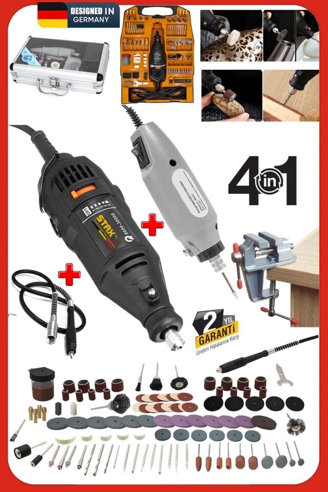 4IN1 Alüminyum Çantalı 62 Parça 12V Mini Gravür Hobi Taşlama Oyma Seti  + 300Parça 500W Dremel Seti