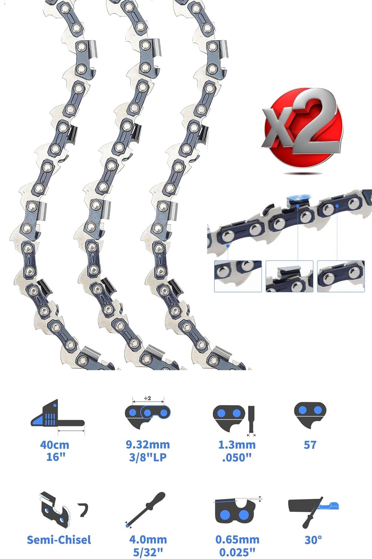 2 Adet Elektrikli Testere Zinciri 16 İnç (40 Cm) Bar, 57 Sürücü Bağlantıları, 3/8 Magnezyum