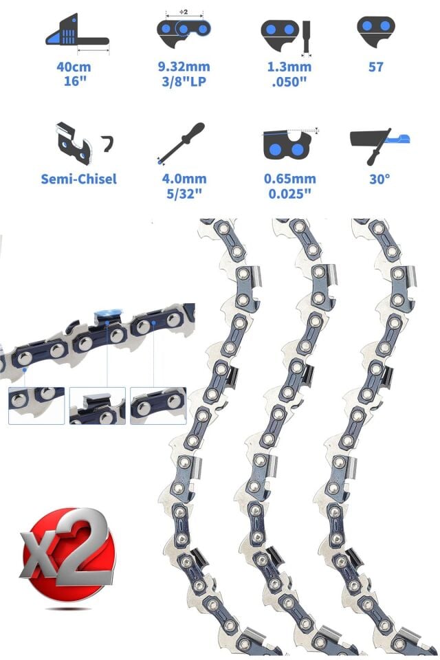 2 Adet Elektrikli Testere Zinciri 16 İnç (40 Cm) Bar, 57 Sürücü Bağlantıları, 3/8 Magnezyum
