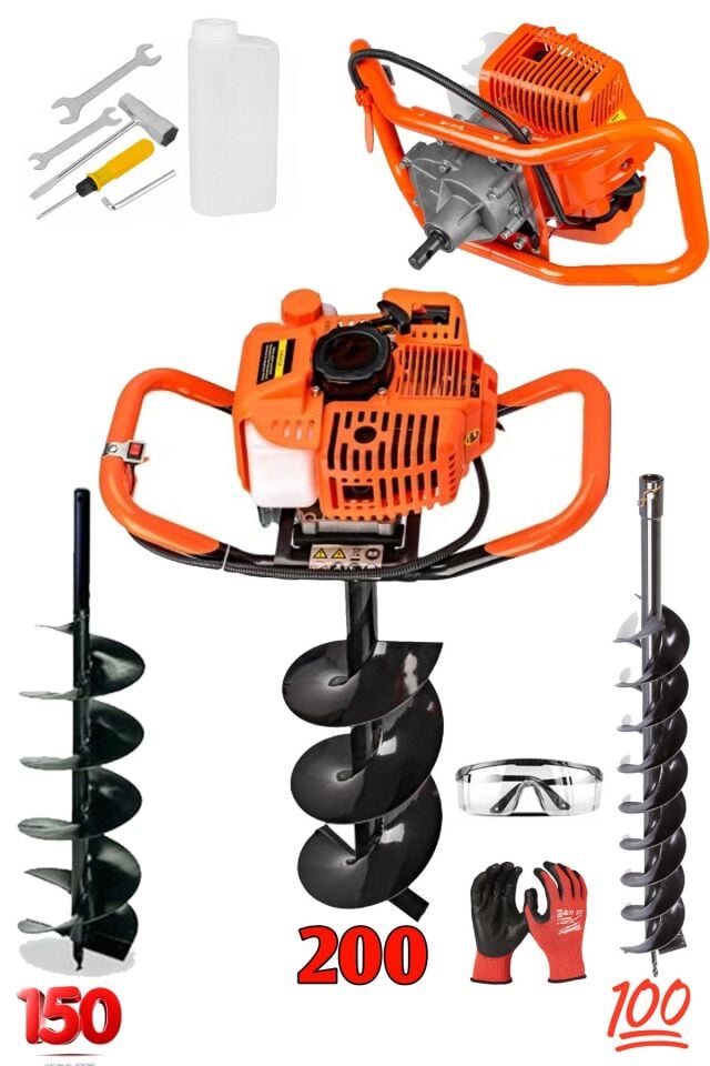6200CC Toprak Burgu Makinesi ve Fidan Dikme Seti Titanyum 3 Başlıklı 100MM / 150MM/ 200 MM Set
