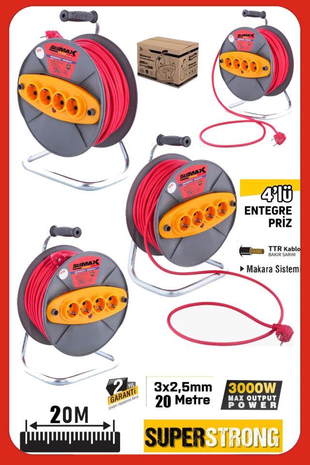 Metal Ayaklı Makaralı Uzatma Kablosu 3x2.5 mm 20 Metre 4 Prizli Seyyar Uzatma Kablosu Atölye Ev Tip