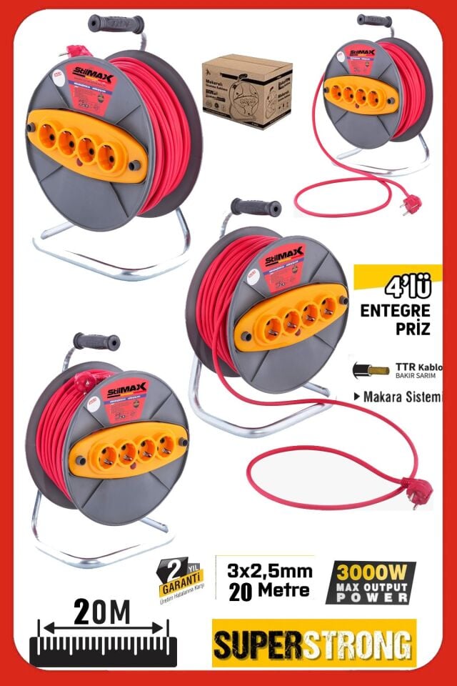 Atölye ve Ev Tipi Makaralı Uzatma Kablosu 20mt – 3x2.5 mm² – 4 Priz Dörtlü Seyyar Uzatma Kablosu