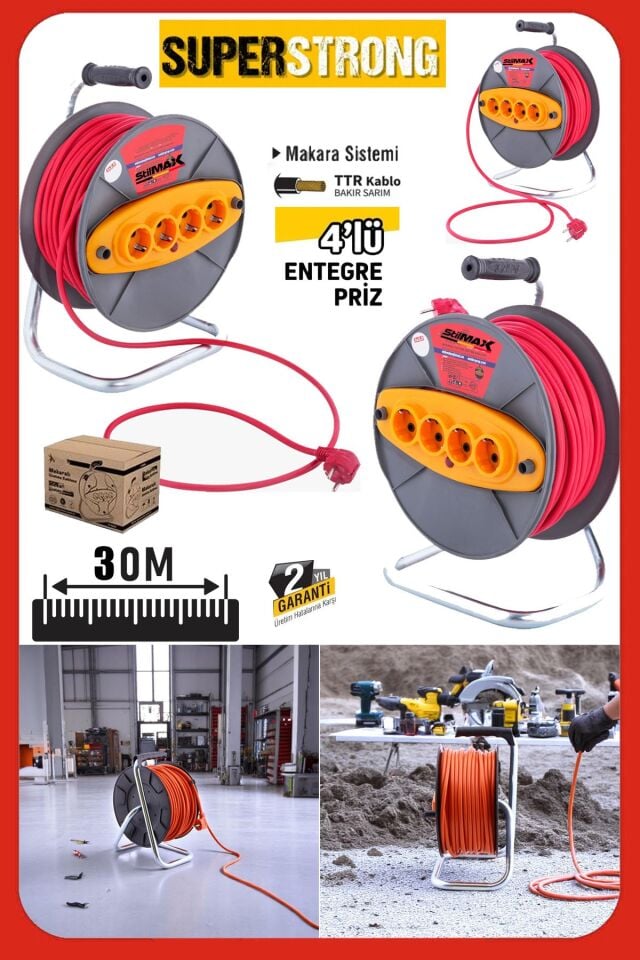 Atölye ve Ev Tipi Makaralı Uzatma Kablosu 30mt – 3x2.5 mm² – 4 Priz Dörtlü Seyyar Uzatma Kablosu