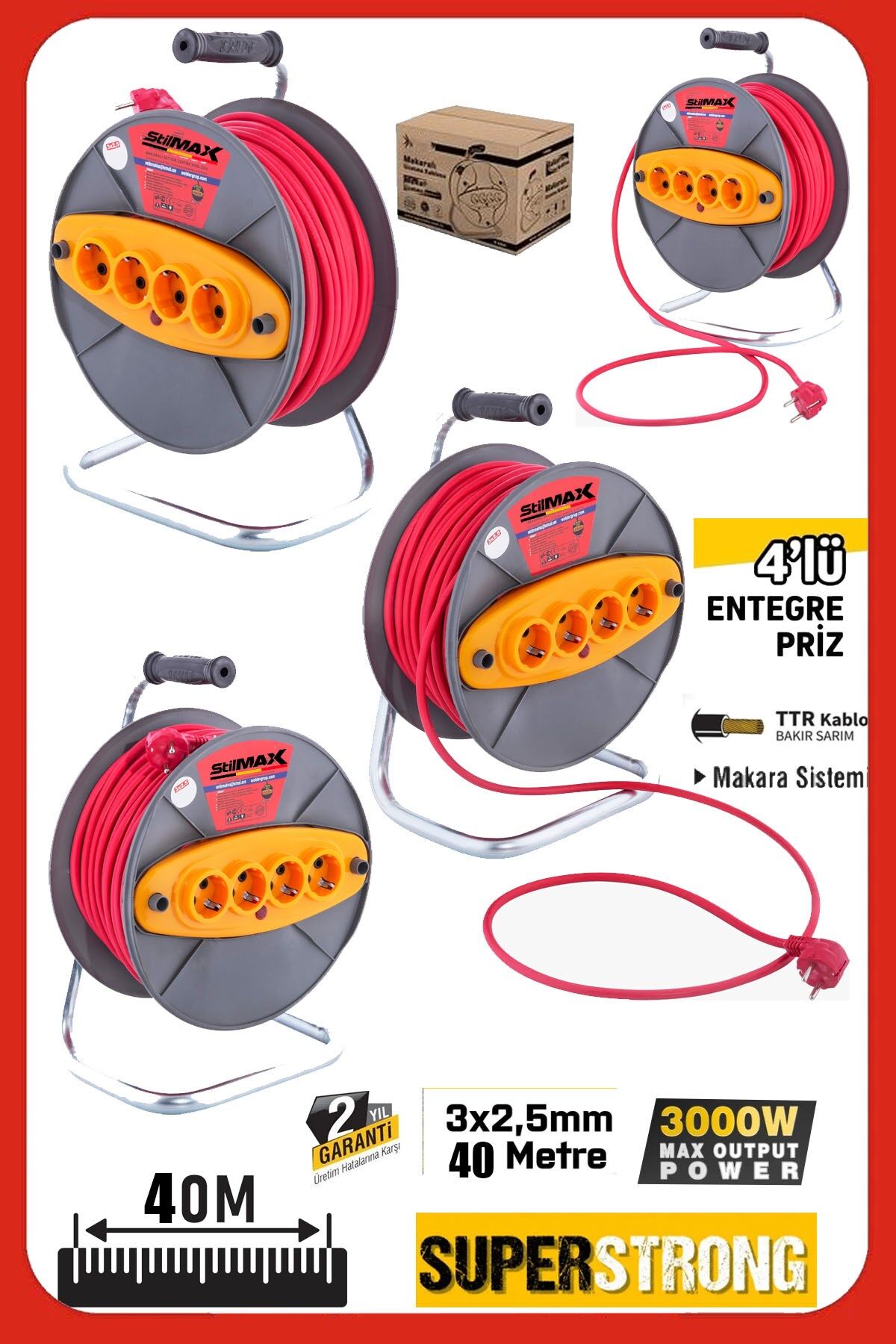 Bakır Sargılı 40 Metre Makaralı Uzatma Kablosu – 3x2.5 mm² – 4 Priz | Atölye & Şantiye Tipi