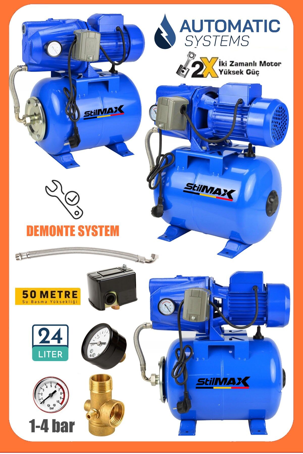 1.5 Hp Bakır Sargı Jet Pompalı Su Pompası + 24lt Yatay Küre Tank Seti Otomatik Hidrofor Su Pompası