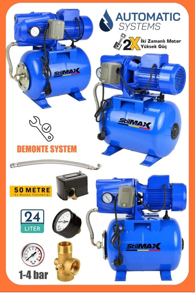 1.5 Hp Bakır Sargı Jet Pompalı Su Pompası + 24lt Yatay Küre Tank Seti Otomatik Hidrofor Su Pompası