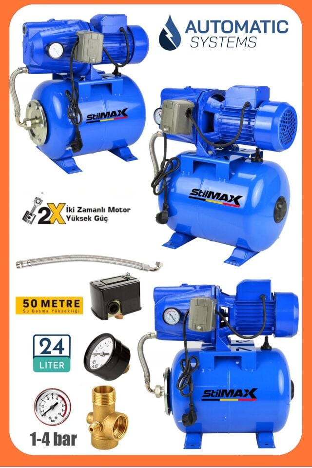 Villa Yazlık Bahçe Apartman 1.5 Hp Bakır Sargılı Jet Otomatik Hidrofor – 24 Lt Tanklı Su Pompası