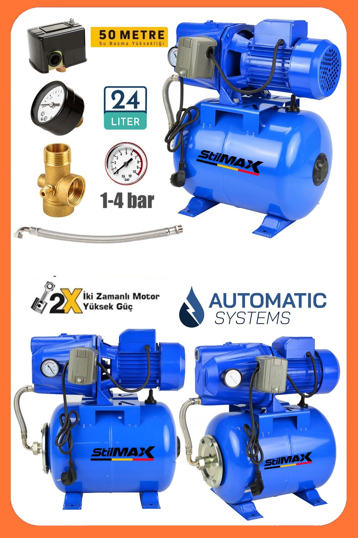 Villa Yazlık Bahçe Apartman 1.5 Hp Bakır Sargılı Jet Otomatik Hidrofor – 24 Lt Tanklı Su Pompası