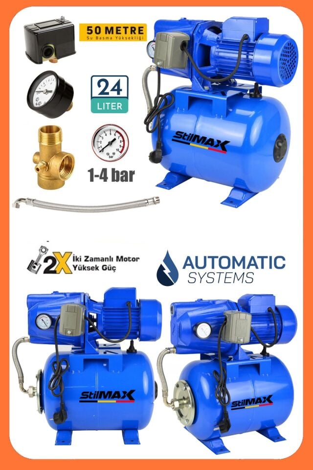 Villa Yazlık Bahçe Apartman 1.5 Hp Bakır Sargılı Jet Otomatik Hidrofor – 24 Lt Tanklı Su Pompası