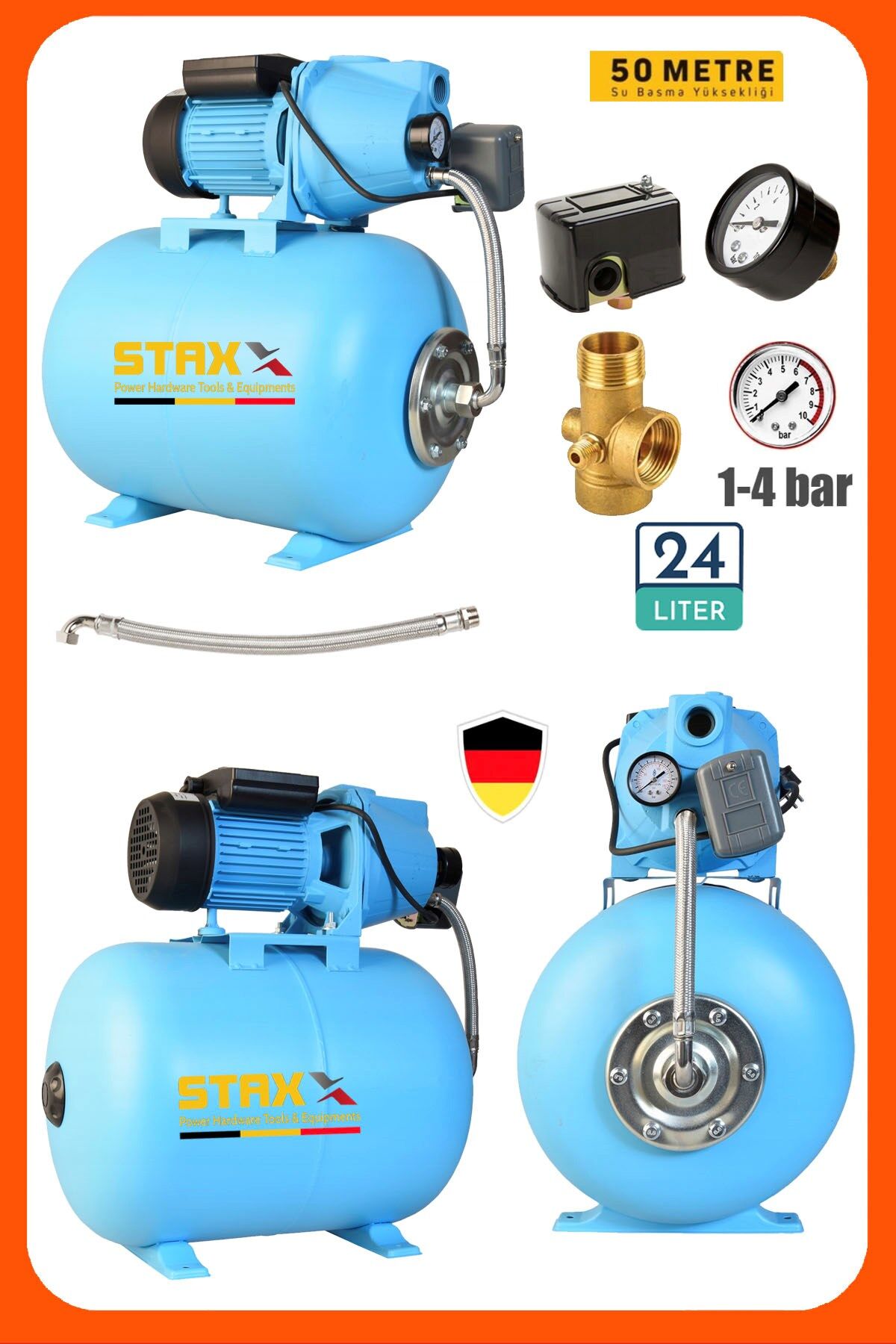 Yüksek Basınçlı 1.5 HP Jet Su Pompası 24 Litre Yatay Küre Tanklı Otomatik Hidrofor Set