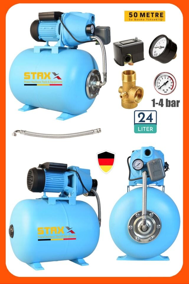 Yüksek Basınçlı 1.5 HP Jet Su Pompası 24 Litre Yatay Küre Tanklı Otomatik Hidrofor Set