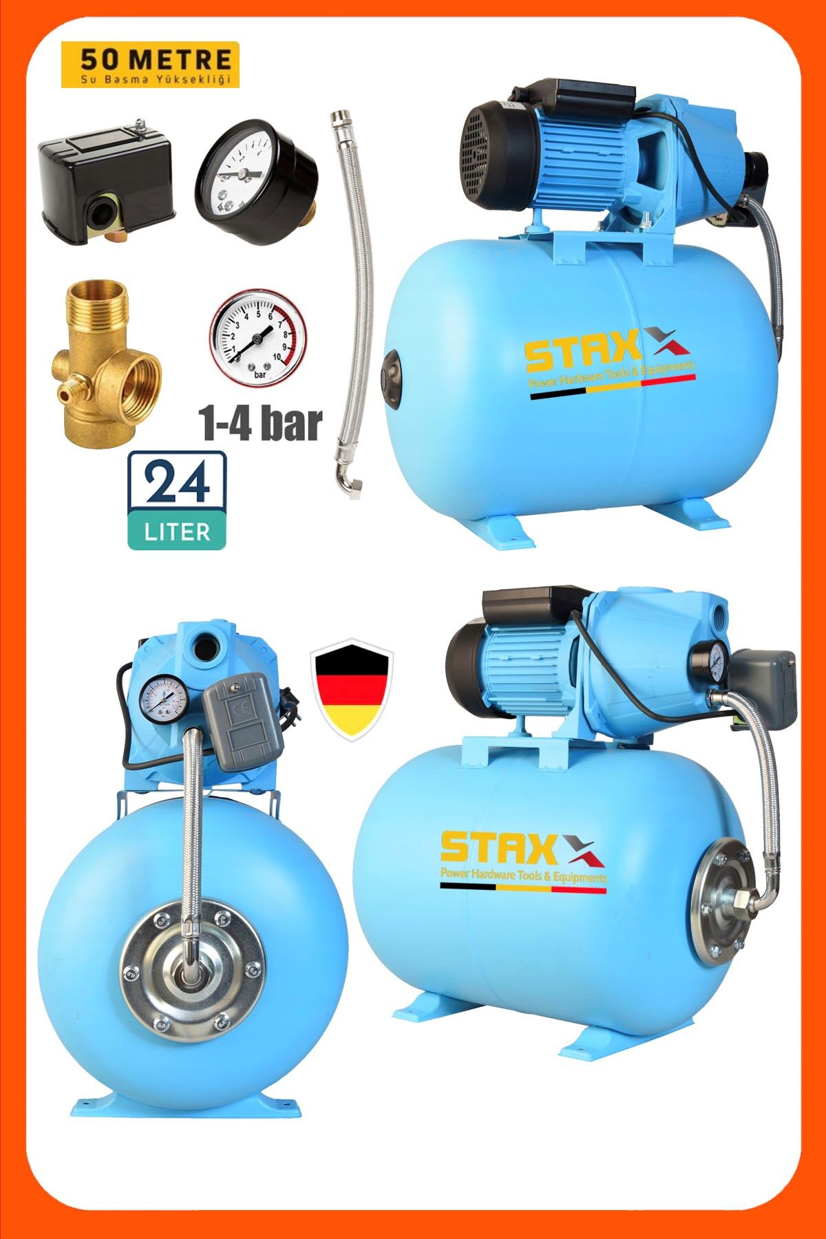 1.5HP Jet Su Pompası Su Motoru 24LT Yatay Tanklı Otomatik Hidrofor Set Full Takım 4 Kat 4 Daire