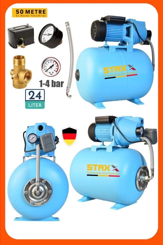 1.5HP Jet Su Pompası Su Motoru 24LT Yatay Tanklı Otomatik Hidrofor Set Full Takım 4 Kat 4 Daire