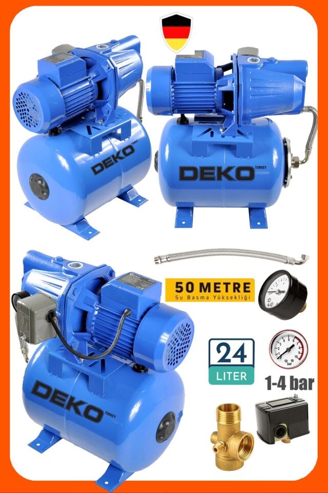 Bakır Sargılı 1.5 Hp Jet Hidrofor + 24 Lt Tanklı Küre Seti Ev Ve Bahçe Otomatik Su Pompası 4 Kat