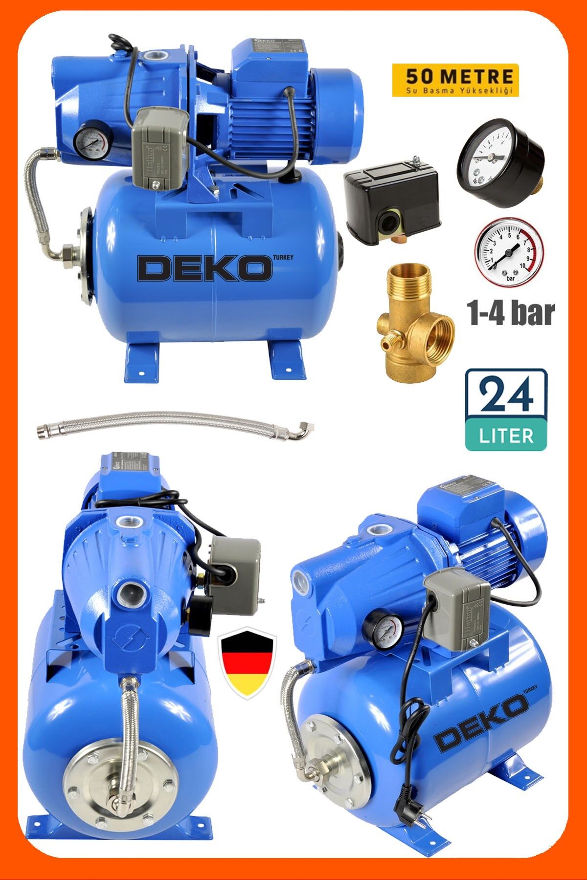 Yüksek Basınçlı 1.5 HP Jet Hidrofor | 24 Lt Tank | Otomatik Hidrofor  | Ev – Villa – Bahçe