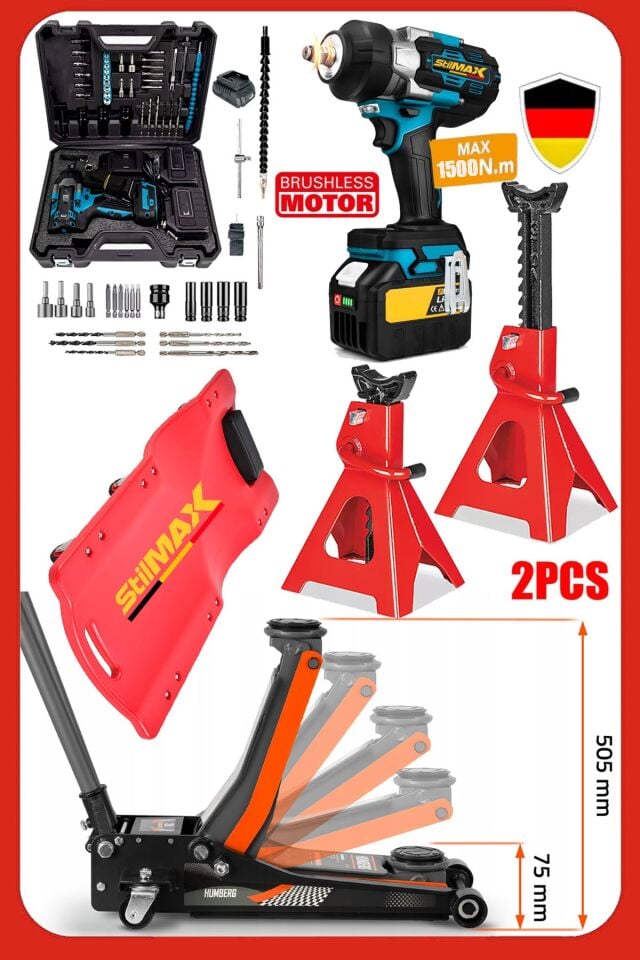 Muhteşem 4'lü Oto Garaj Seti- Çift Akülü Bijon Sökme- Alçak Şase Kriko  + Çift Sehpa Kriko & Kızak