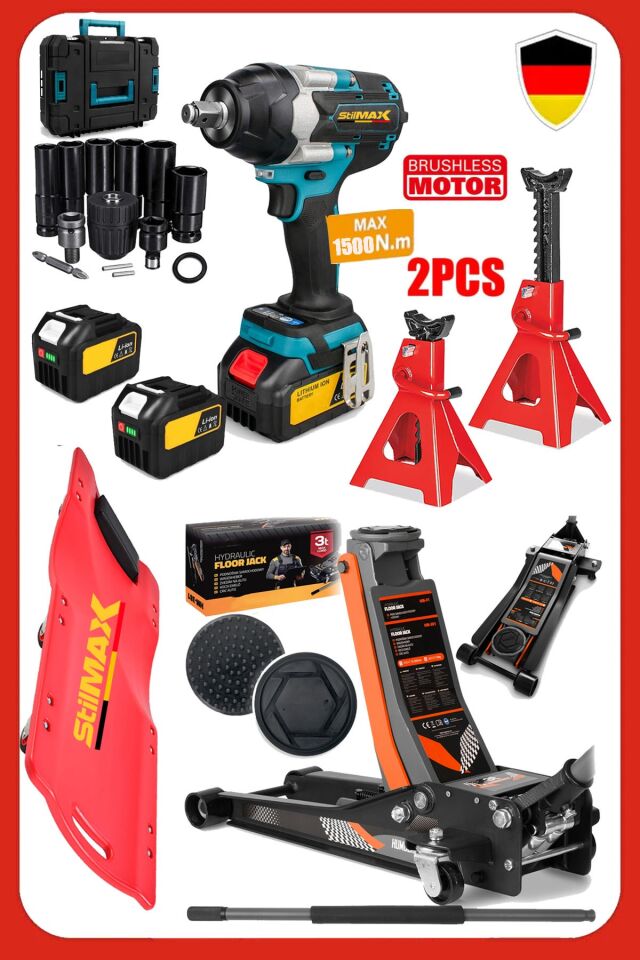 Muhteşem 4'lü Oto Garaj Seti- Çift Akülü Bijon Sökme- Alçak Şase Kriko  + Çift Sehpa Kriko & Kızak