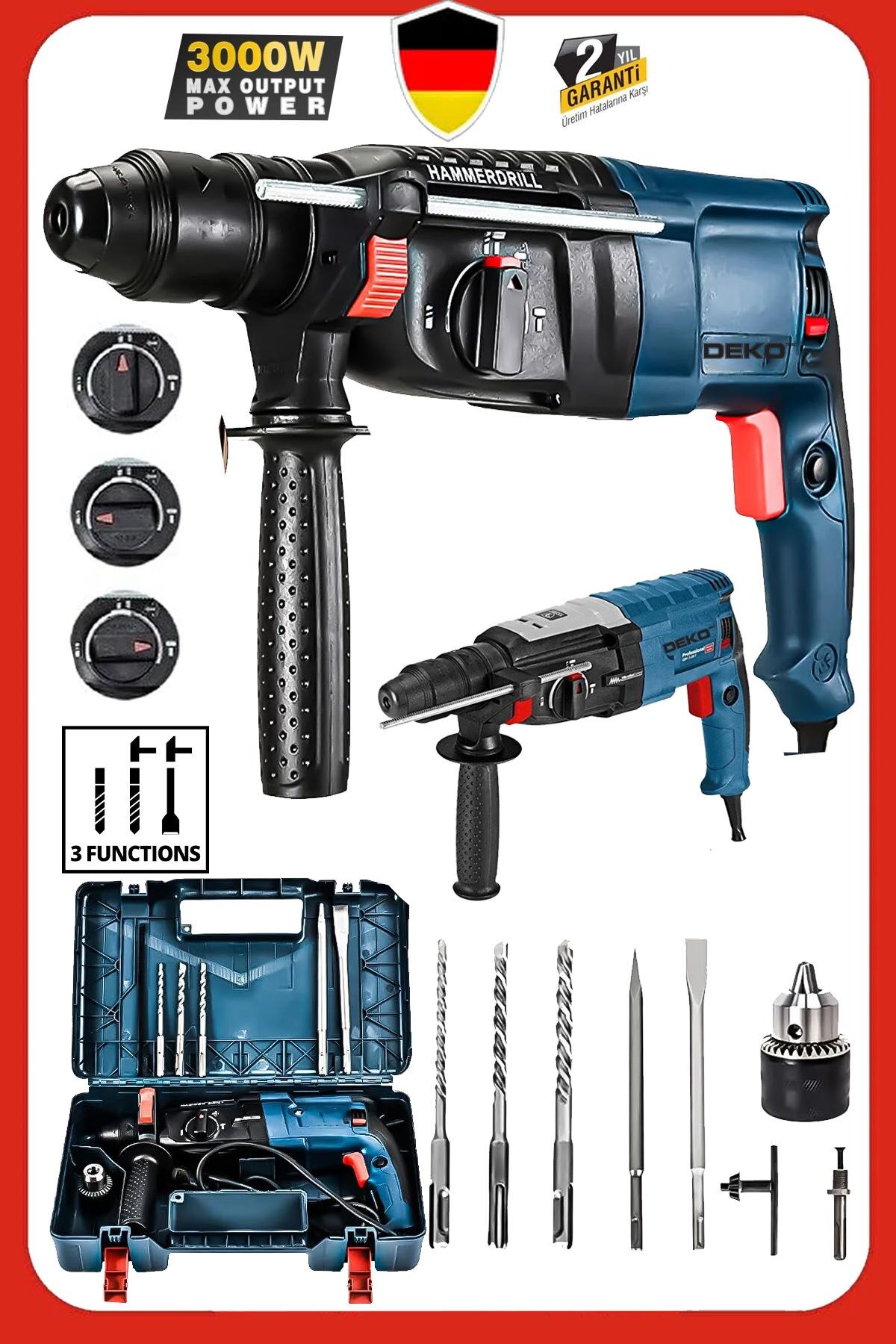 2.28mm 3000 Watt Bakır Sargılı 7 Joule Kablolu Kırıcı Delici Hilti Darbeli Matkap + Uç Takım Hediye