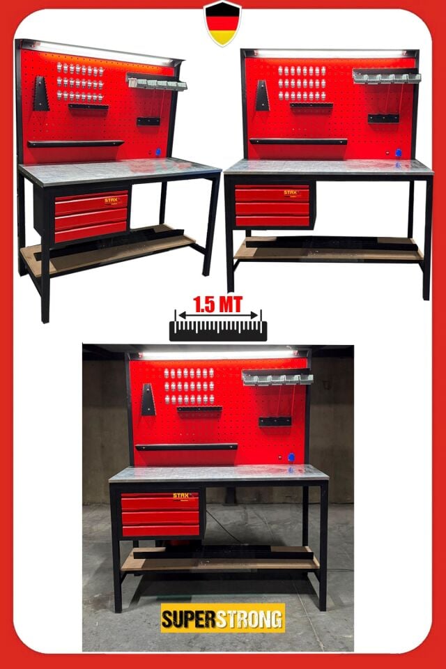 1.5 Metre 3 Çekmeceli Endüstriyel Takım Dolabı & Takım Tezgahı Atölye Çalışma Tezgahı Işıklı Set