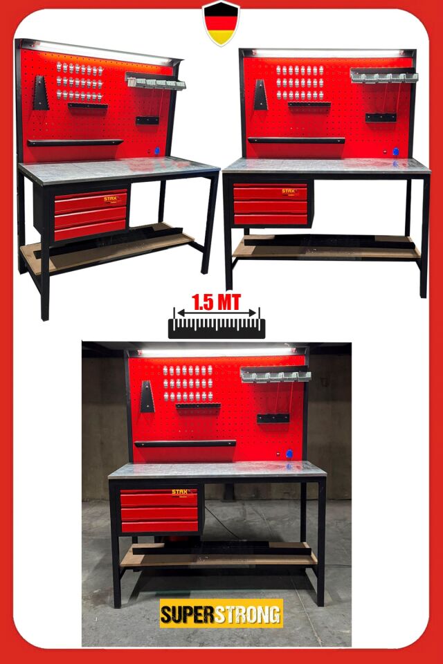 1.5 Metre 3 Çekmeceli Endüstriyel Takım Dolabı & Takım Tezgahı Atölye Çalışma Tezgahı Işıklı Set