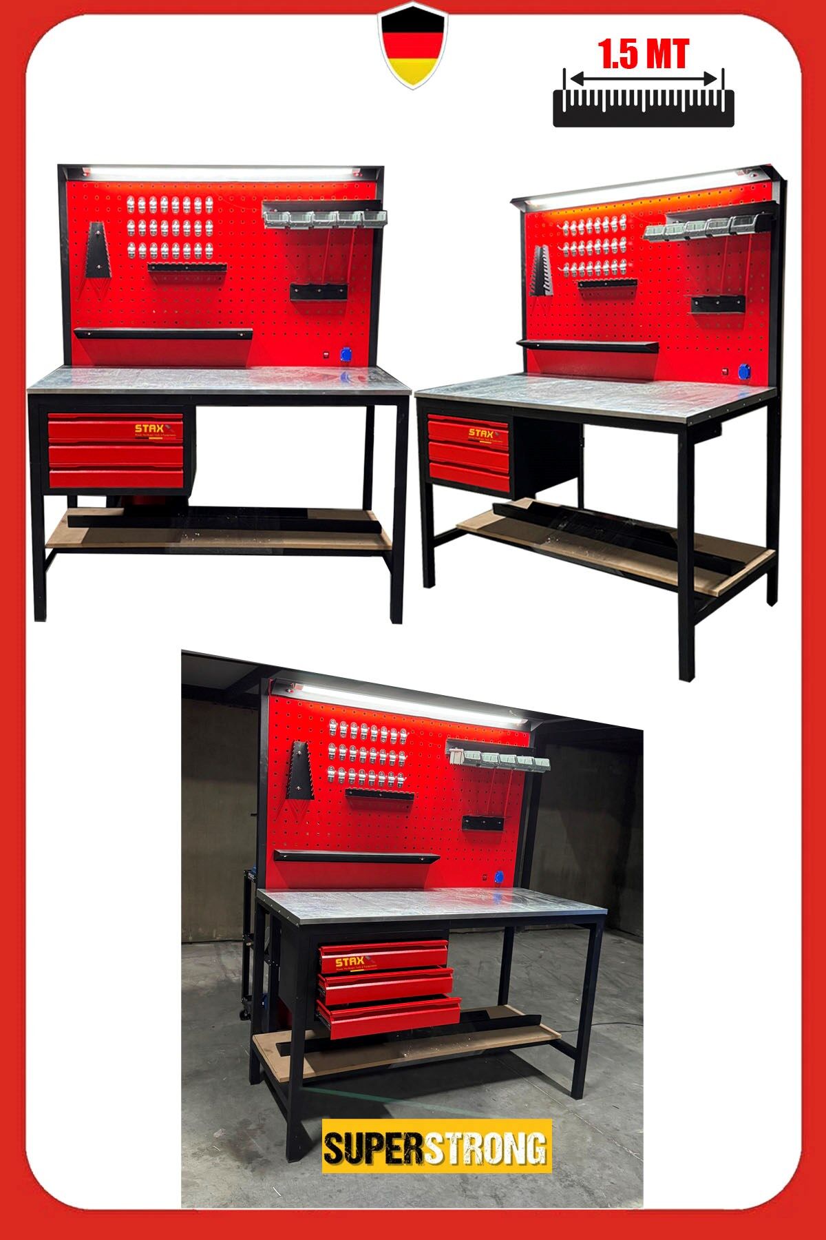 1.5 Metre 3 Çekmeceli Endüstriyel Takım Dolabı & Takım Tezgahı Atölye Çalışma Tezgahı Işıklı Set