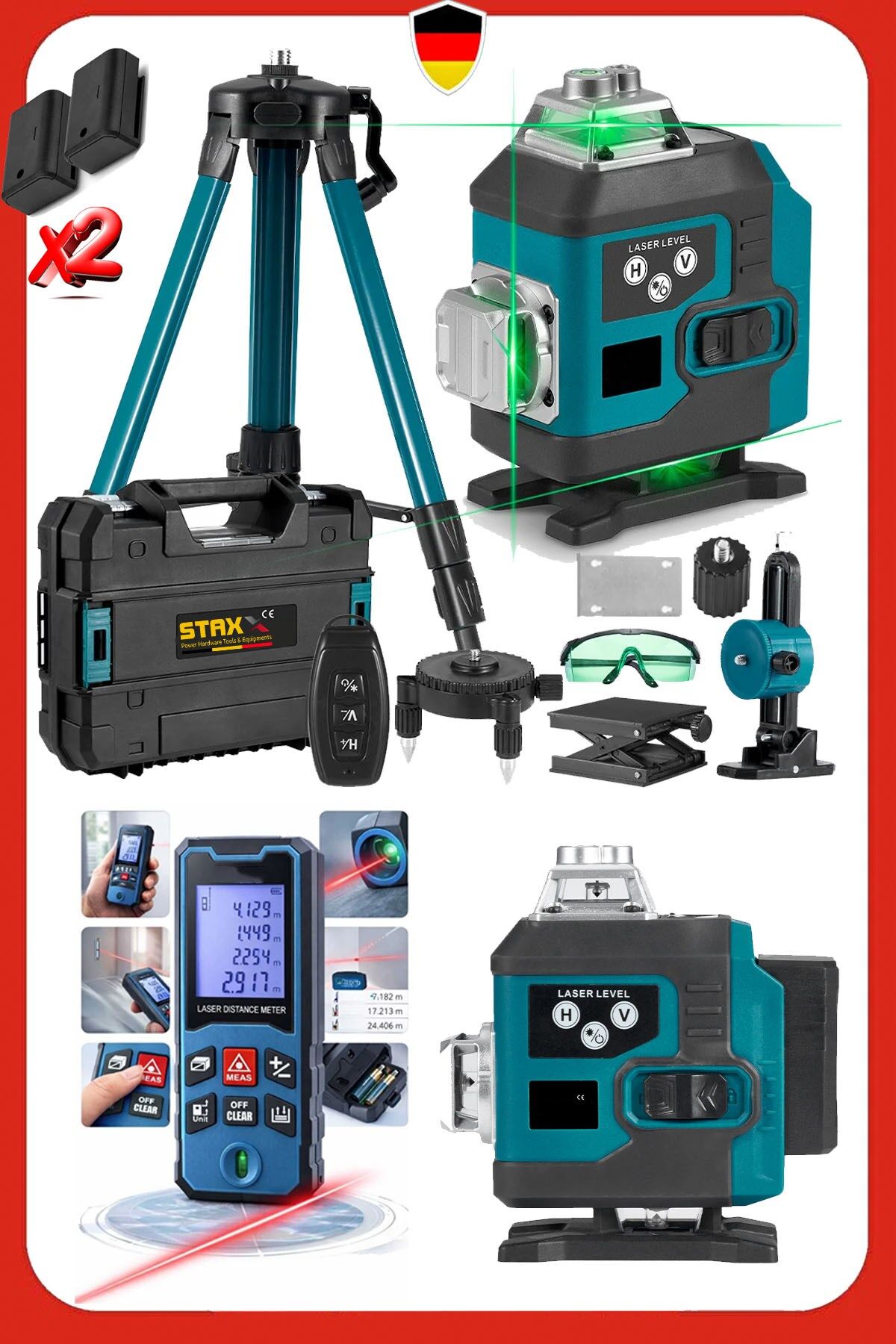 Otomatik Hizalamalı Kumandalı 16 Köşe Yeşil Çizgi Lazer Hizalama Makinesi + 50Mt Lazer Tripot Set