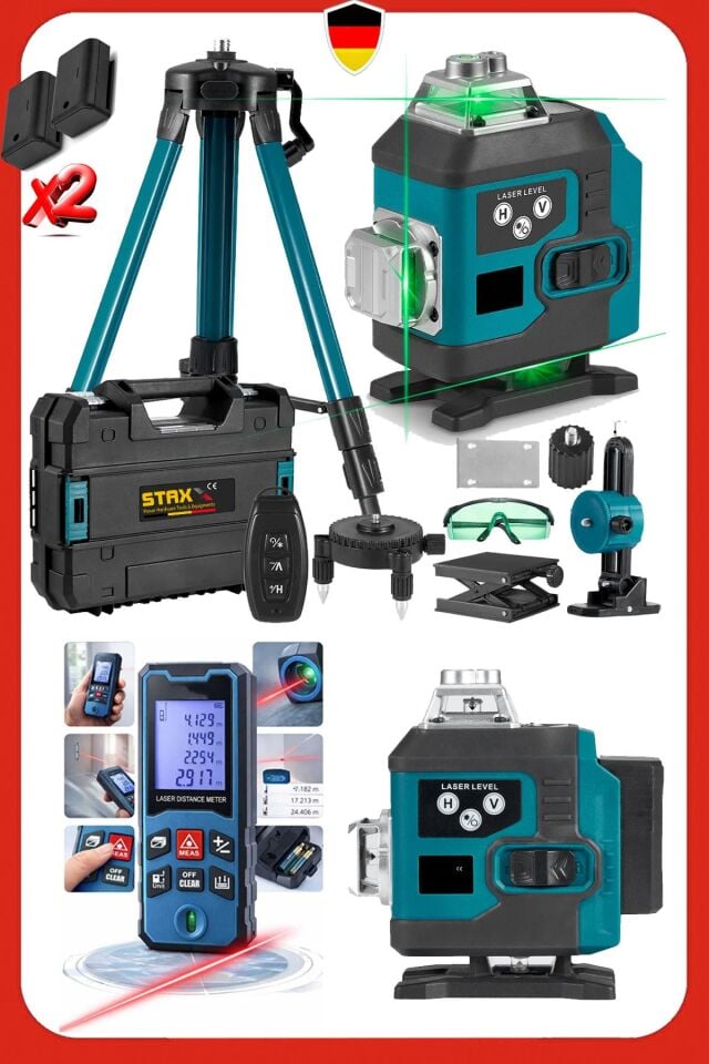 Otomatik Hizalamalı Kumandalı 16 Köşe Yeşil Çizgi Lazer Hizalama Makinesi + 50Mt Lazer Tripot Set