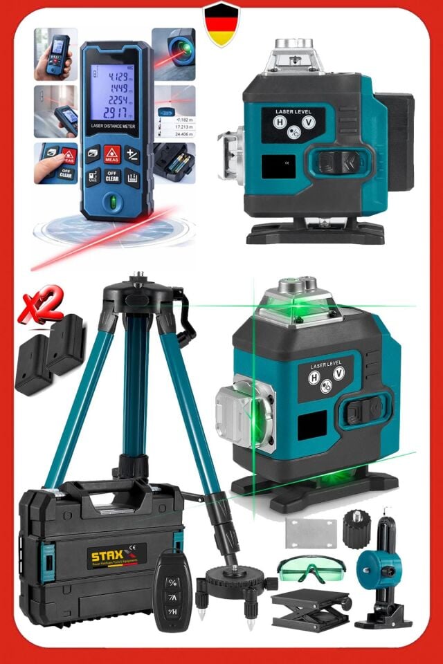 Otomatik Hizalamalı Kumandalı 16 Köşe Yeşil Çizgi Lazer Hizalama Makinesi + 50Mt Lazer Tripot Set