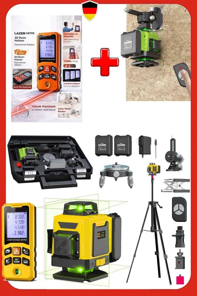 Muhteşem 3'lü Tripotlu 4D 16 Çizgili Lazer Hizalama 50Mt Mesafe Ölçer Otomatik Terazili Hizalama Set