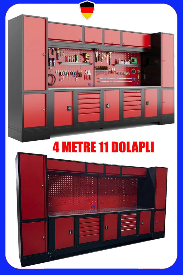 4 Metre 11 Dolaplı Modüler Takım Tezgahı – Endüstriyel Atölye Çalışma İstasyonu Plus Çalışma Tezgahı