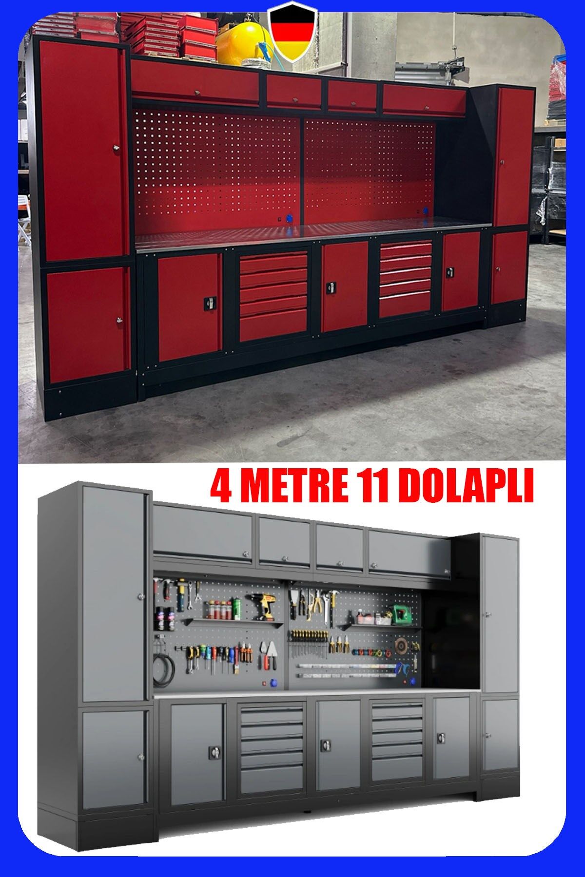 4 Metre 11 Dolaplı Modüler Takım Tezgahı – Endüstriyel Atölye Çalışma İstasyonu Plus Çalışma Tezgahı