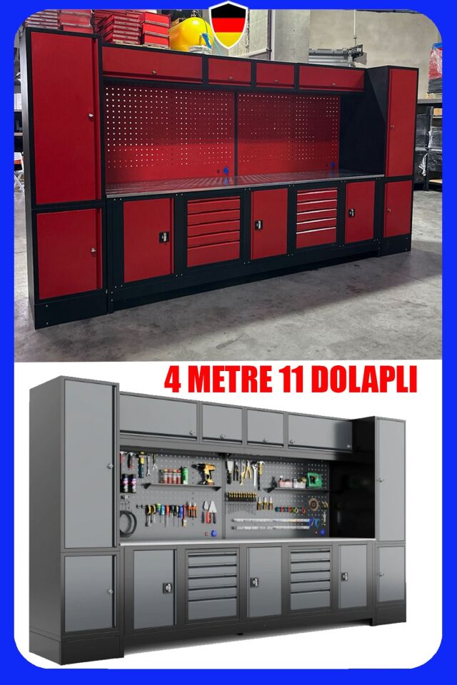 4 Metre 11 Dolaplı Modüler Takım Tezgahı – Endüstriyel Atölye Çalışma İstasyonu Plus Çalışma Tezgahı