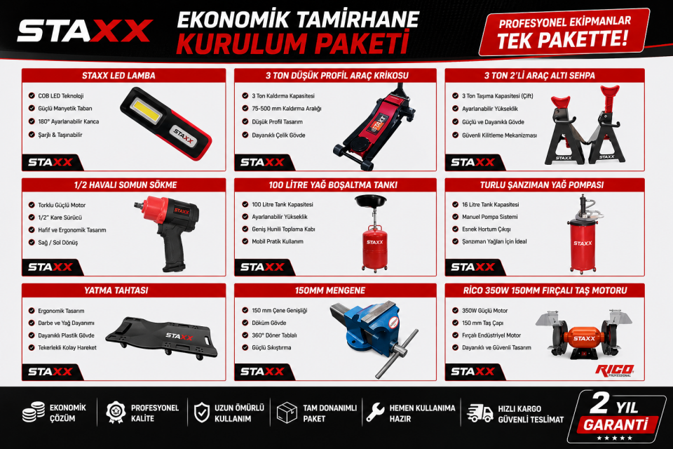 Ekonomik Tamirhane Açılış Paketi 4 Ton Lift 200Lt Kompresör İzeltaş Takım Tezgahı Full Servis Seti