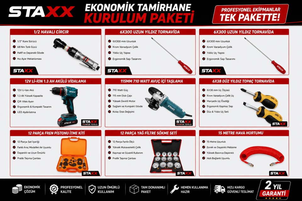 Ekonomik Tamirhane Açılış Paketi 4 Ton Lift 200Lt Kompresör İzeltaş Takım Tezgahı Full Servis Seti