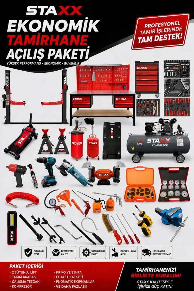 Ekonomik Tamirhane Açılış Paketi 4 Ton Lift 200Lt Kompresör İzeltaş Takım Tezgahı Full Servis Seti