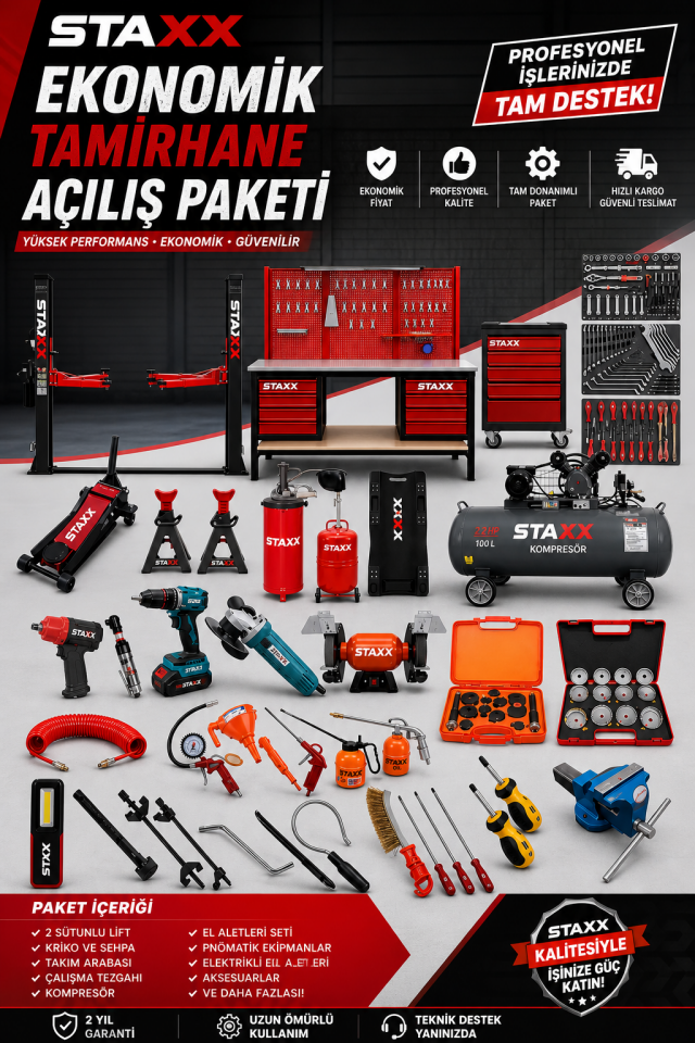 Ekonomik Tamirhane Açılış Paketi 4 Ton Lift 200Lt Kompresör İzeltaş Takım Tezgahı Full Servis Seti