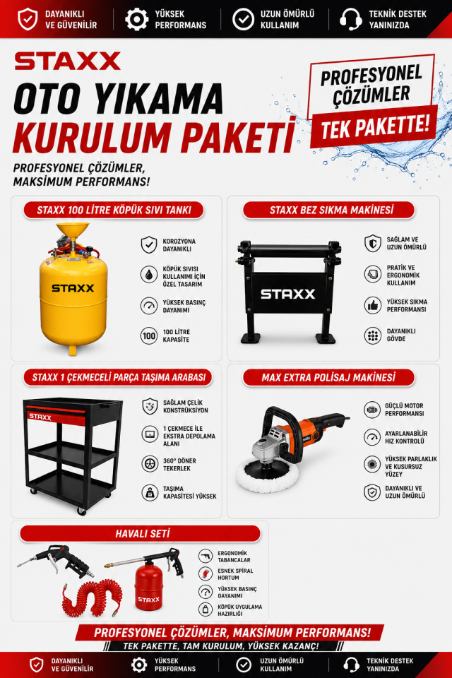Oto Yıkama Kurulum Paketi 200 Bar Soğuk Yıkama Makinesi 50Lt Kompresör Islak Kuru Süpürge Full